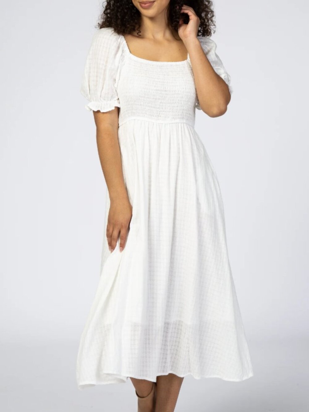Hayden Los Angeles White Smocked Puff Sleeve Midi Dress